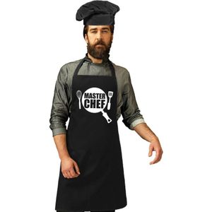 Master Chef keukenschort zwart heren met zwarte koksmuts / kookmuts - kokskleding / barbecue outfit