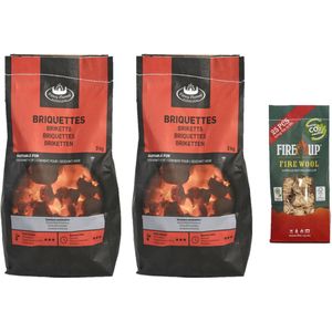 BBQ starterspakket - houtskool briketten 6 kilo - barbecue aanmaak houtwolkrullen 25x