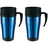 Set van 3x stuks thermosbeker/warmhoudbeker blauw/zwart 400 ml - Thermo koffie/thee bekers dubbelwandig met schroefdop