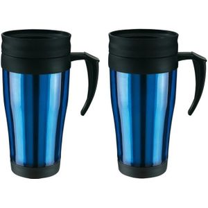 Set van 3x stuks thermosbeker/warmhoudbeker blauw/zwart 400 ml - Thermo koffie/thee bekers dubbelwandig met schroefdop