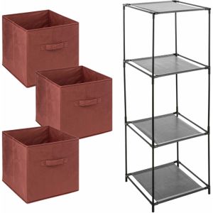 Kastmandjes/opberg manden - bordeaux rood - 3x stuks van 29 Liter - In metalen rekje van 34 x 98 cm