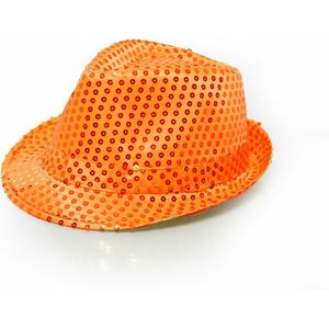 Trilby verkleed hoed met pailletten - oranje - glitters - volwassenen - Koningsdag