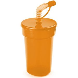 3x Afsluitbare drinkbekers oranje 400 ml met rietje - sport bekers/limonade bekers 3 stuks - peuters/kinderen