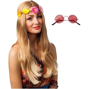 Hippie Flower Power verkleed hoofdband en ronde rode glazen party bril