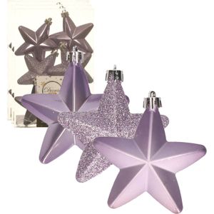 18x stuks kerstornamenten kunststof sterren kerstballen heide lila paars 7 cm