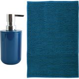 MSV badkamer droogloop mat - Genua - 50 x 80 cm - met bijpassende kleur zeeppompje - donkerblauw