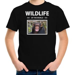 Dieren foto t-shirt Chimpansee aap - zwart - kinderen - wildlife of the world - cadeau shirt Apen liefhebber - kinderkleding / kleding