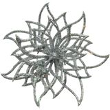Decoris Kerstboomversiering bloemen op clip - 4x st - zilver glitter - 14 cm - kunststof