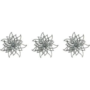 Decoris Kerstboomversiering bloemen op clip - 4x st - zilver glitter - 14 cm - kunststof