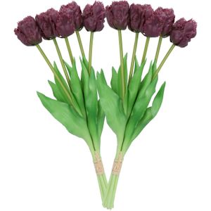 DK Design Kunst tulpen boeket - 10x stuks - donker paars - real touch - 39 cm - levensechte kunstbloemen