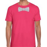 Roze fun t-shirt met vlinderdas in glitter zilver heren - shirt met strikje