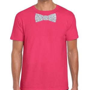 Roze fun t-shirt met vlinderdas in glitter zilver heren - shirt met strikje