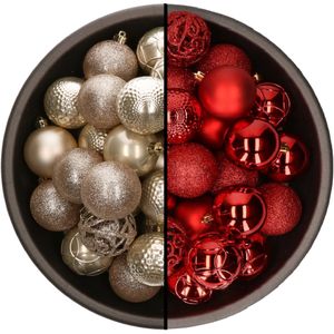 Kerstballen mix - 74-delig - parel champagne en rood - 6 cm - kunststof