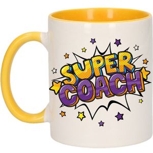 Super coach cadeau koffiemok / theebeker wit en geel met sterren - 300 ml - keramiek - cadeau / bedankje coach