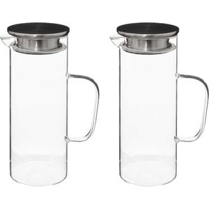 Secret de Gourmet Water Karaf/Schenkkan - 2x - rvs dop - glas - 1.1 Liter - D9 x H22 cm