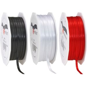 Cadeaulint/sierlint pakket 3x rollen - zwart/rood/wit - 3 mm x 50 meter - Hobby/decoratie/knutselen