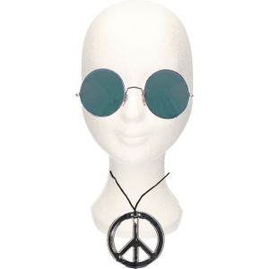 Hippie Flower Power verkleed set peace-teken ketting met ronde groene glazen zonnebril