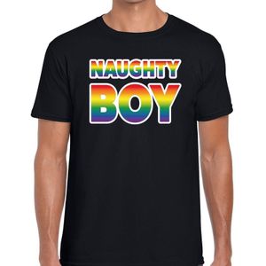 Naughty boy gaypride t-shirt -  zwart shirt met regenboog tekst voor heren - Gaypride kleding