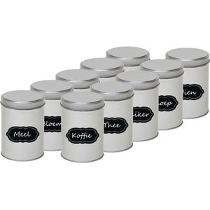 10x Zilveren ronde opbergblikken/bewaarblikken met beschrijfbare labels/etiketten 13 cm - Koffie/thee/suiker voorraadblikken - Voorraadbussen - Voorraadkast organiseren