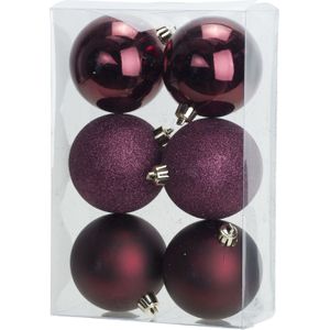6x stuks kunststof kerstballen aubergine roze 8 cm mat/glans- Onbreekbare plastic kerstballen - Kerstversiering