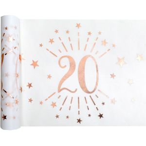 Santex Tafelloper op rol - 2x - 20 jaar verjaardag - polyester - wit/rose goud - 30 x 500 cm