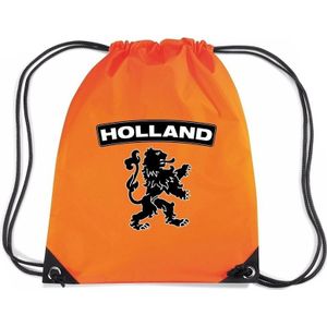 Oranje nylon rijgkoord rugzak/ sporttas Holland zwarte leeuw