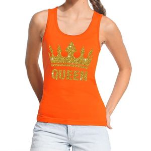Oranje Koningsdag Queen tanktop shirt/ singlet met gouden glitters dames - Oranje Koningsdag kleding