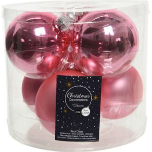 24x stuks kerstballen lippenstift roze van glas 8 cm - mat en glans - Kerstversiering/boomversiering