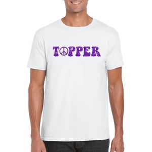 Toppers Wit Flower Power t-shirt Topper met paarse letters heren - Sixties/jaren 60 kleding