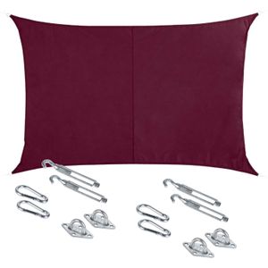 Polyester schaduwdoek/zonnescherm Curacao rechthoekig bordeaux rood 3 x 4 meter - inclusief bevestiging haken set