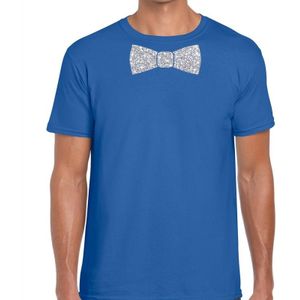 Blauw fun t-shirt met vlinderdas in glitter zilver heren - shirt met strikje