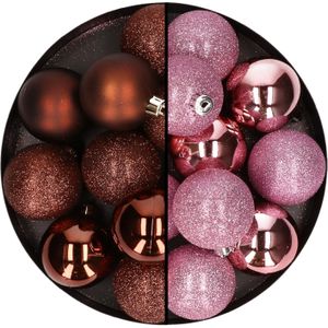 24x stuks kunststof kerstballen mix van donkerbruin en roze 6 cm - Kerstversiering