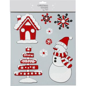1x stuks velletjes raamstickers sneeuwversiering rood/wit 34,5 cm - Raamversiering/raamdecoratie stickers kerstversiering