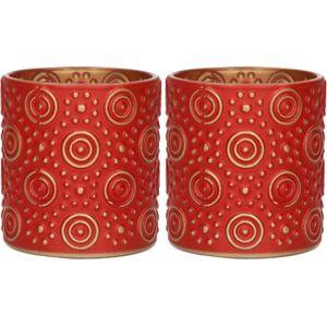 Countryfield Luxe theelichthouder - 2x stuks - Fantasy - glas - rood/goud - D7 x H8 cm