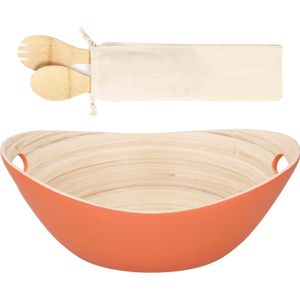 Serveer schaal - oranje - bamboe - 27 cm - incl. Sla bestek - 32 cm