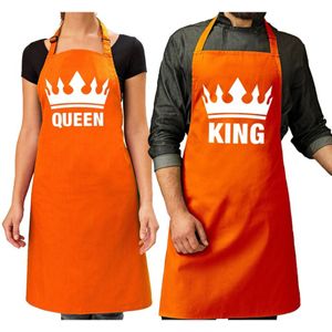 Koppel cadeau set: 1x King keukenschort oranje heren + 1x Queen keukenschort oranje dames