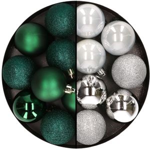 24x stuks kunststof kerstballen mix van donkergroen en zilver 6 cm - Kerstversiering