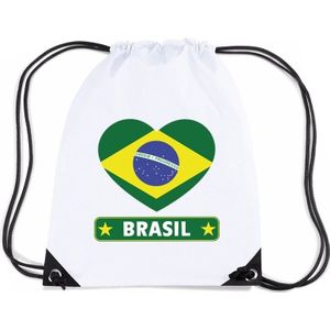 Brazilie nylon rijgkoord rugzak/ sporttas wit met Braziliaanse vlag in hart