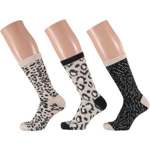 Dames fashion sokken 3-pak luipaard print beige/zwart maat 35-42