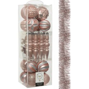 Decoris - kerstballen en slinger - 31x st - lichtroze kunststof
