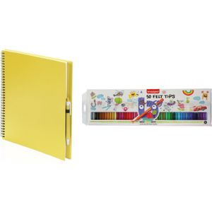 Geel schetsboek/tekenboek met 50 viltstiften - Tekenen/kleuren