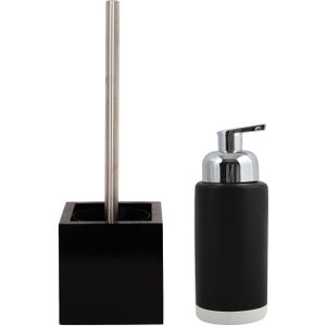 MSV Badkamer accessoires set - zwart - zeeppompje en wc/toilet-borstel - hout/keramiek/rvs