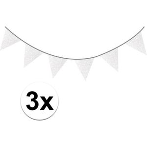 3x Witte glitter vlaggenlijnen 6 meter - Feest/verjaardag slingers wit