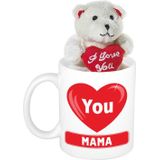 Moeder cadeau hartje I Love Mama beker / mok 300 ml met beige knuffelbeertje met love hartje - Moederdag cadeautje