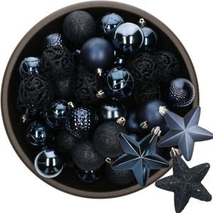 Kerstballen en sterren ornamenten - 43x stuks - kunststof - donkerblauw