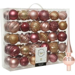 Decoris Kerstballen - 60 ST - kunststof 6-7 cm - met glans piek - roze-bruin