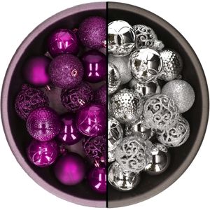 Decoris kerstballen - 74x st - zilver en paars - 6 cm - kunststof