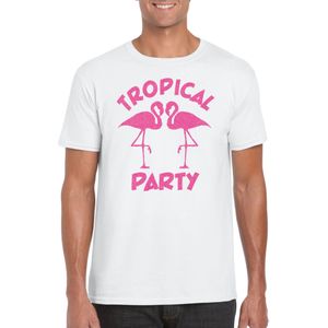 Bellatio Decorations Tropical party T-shirt heren - met glitters - wit/roze - carnaval/themafeest