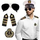 Carnaval verkleed set - luxe kapiteinspet - wit - met epauletten/badge/zonnebril - heren/dames