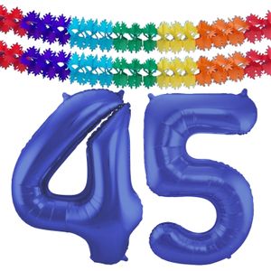Folat folie ballonnen - Leeftijd cijfer 45 - blauw - 86 cm - en 2x slingers